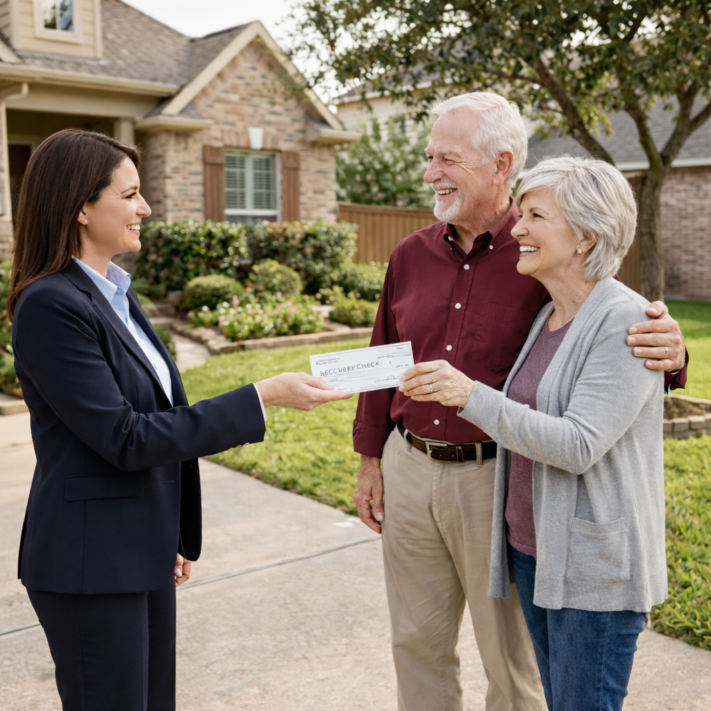 Professional woman handing recovery check to an older couple